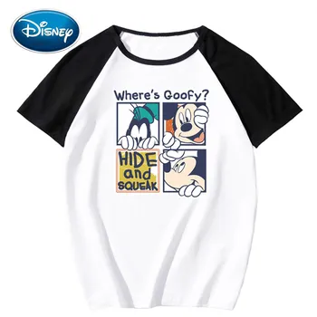 

Disney Stylish Mickey Mouse Dog Cartoon Print O-Neck Pullover Short Sleeve Contrast Color T-Shirt Unisex Loose Tee Top 8 Colors