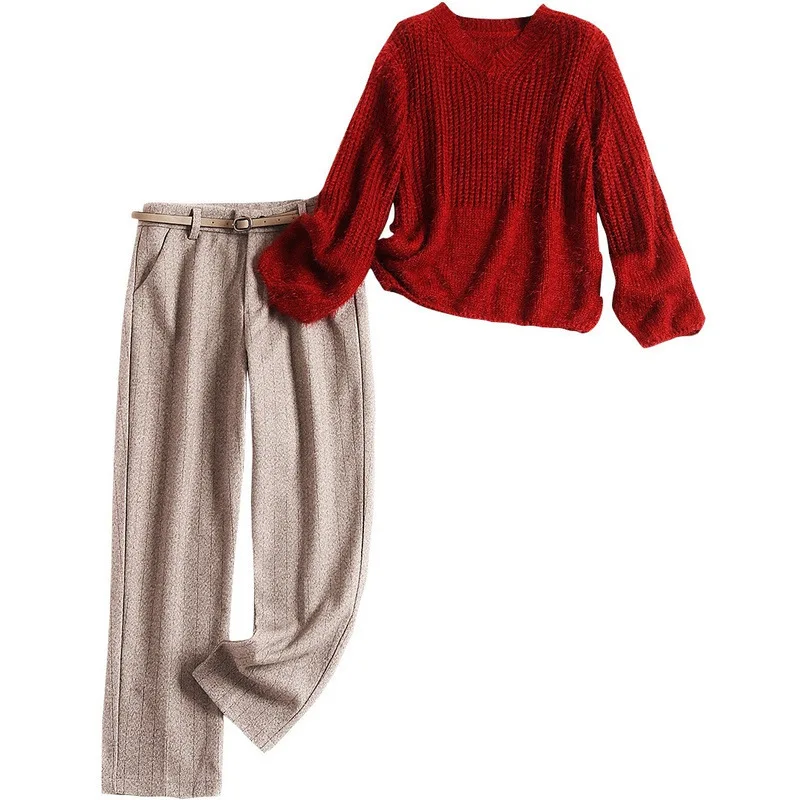 Women winter plus size two piece set red loose style knitted sweater top+ woolen pant suit casual 2 pcs outfit