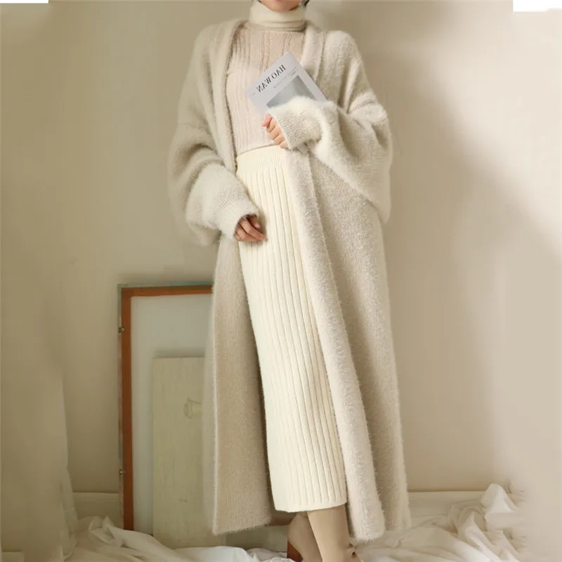 beige Удлиненный кашемировый кардиган свободного кроя большого размера, утолщенный вязаный женский свитер, осенне-зимние куртки N1113 - Цвет: beige