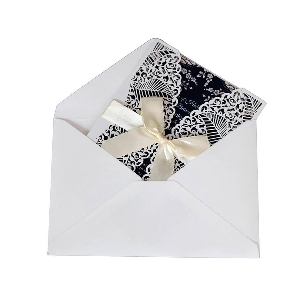 10 sets Laser Cut Hollow Flower Shape Card Romantic Wedding Invitations Card With Ribbon Birthday Party Decoration Supplies