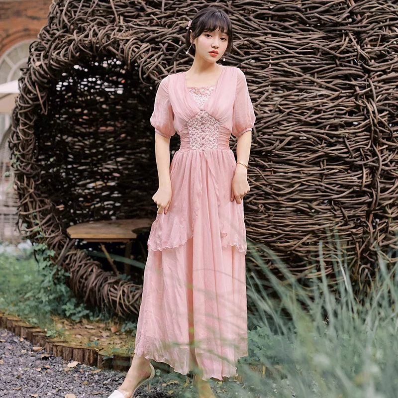 

New Slim-Fit Slim-Looking Short-Sleeved Expandable Long Retro Chiffon Trip Shoot Holiday Dress Women