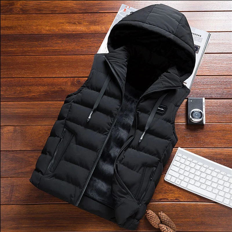 

Autumn Winter Fleece Vest Men Casual Thicken Waistcoat Men's Sleeveless Jacket Plus Size 5XL 6XL Warm Men's Vest Hat Detachable