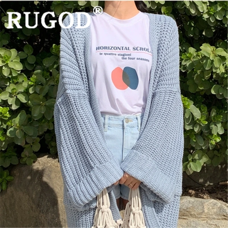 

RUGOD Women solid blue sweater cardigan open stitch loose lazy style knitted coat new autumn snow fashion femme elegant warm