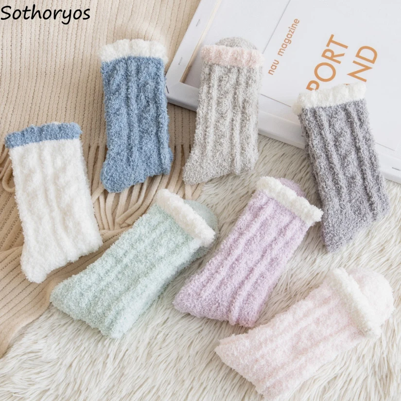 Women Socks Thicken Coral Velvet Cute Breathable Candy Colors Sweet Soft Home Floor Middle Tube Hosiery Female Fall Winter Warm | Женская