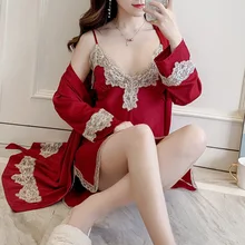 Silk Pajamas Dress 2 Piece Sleepwear Satin Sleep Set Long Sleeve Nightgown Night Gown with Robe Womens Clothing Home Clothes