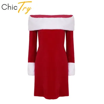 

Women Soft Velvet Off Shoulder White Faux Fur Trim Red Xmas Dress for Christmas Festival Cosplay Party Mrs Claus Santa Costume