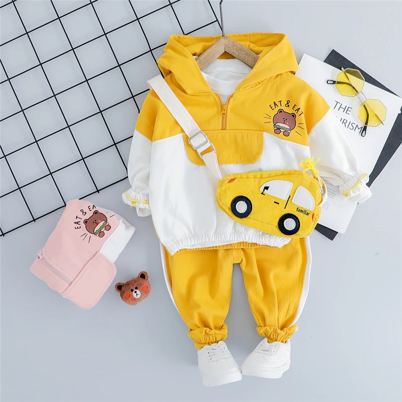Г. Детские осенние комплекты одежды для маленьких мальчиков и девочек, одежда для младенцев, пальто с капюшоном и рисунком медведя, штаны детские костюмы из 2 предметов - Цвет: BO hanbao Yellow