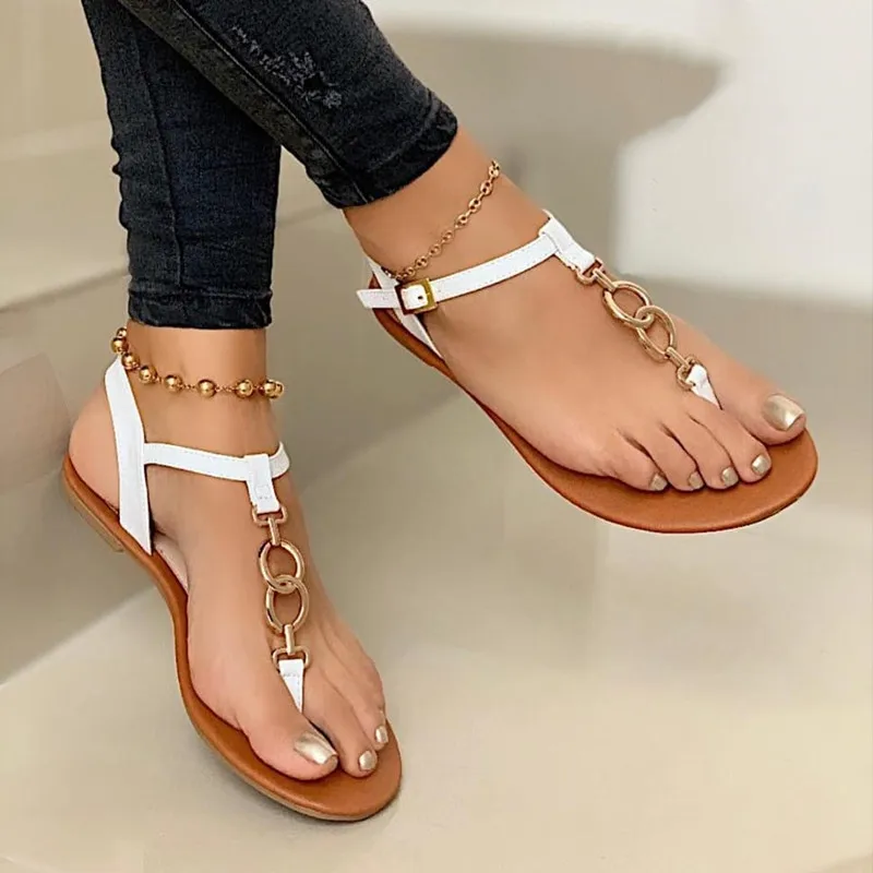 Sandalias de para mujer, chanclas informales a la moda para playa y exterior, zapatos planos decoración de Metal, talla grande, 2022| Sandalias de mujer| - AliExpress