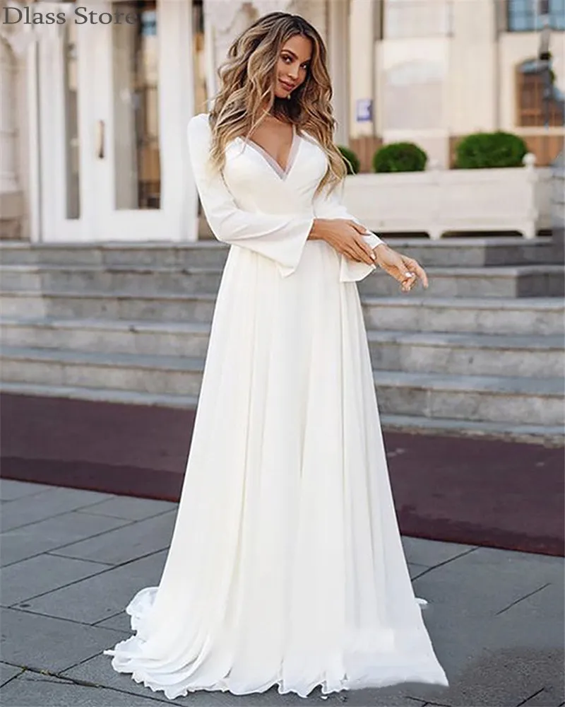 

Chiffon White Wedding Dress A-line Simple Long Sleeves Elegant V-neck Lace Sweep Train Bridal Dress vestido de fiesta de boda