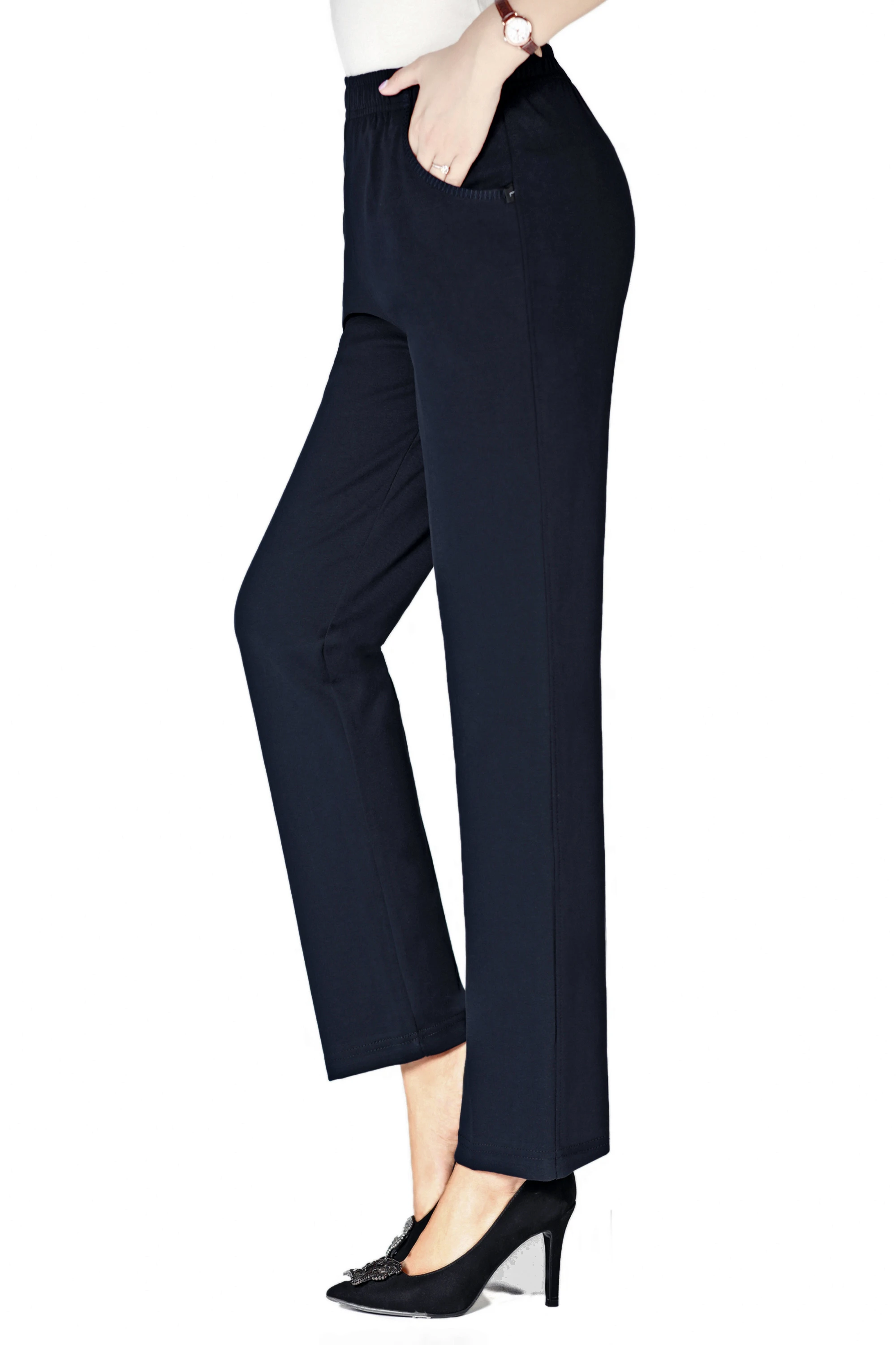 Dark blue regular Женские зимние хлопковые брюки, теплые бархатные плотные брюки, повседневные свободные эластичные однотонные прямые брюки с высокой талией размера плюс 4XL - Цвет: Dark blue regular