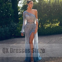 Sexy Exquisite Sequined Long Dresses Floor Length Illusion Sleeve Leg Front Slit Evening Dress One Shoulder Mermaid  Women  Gown