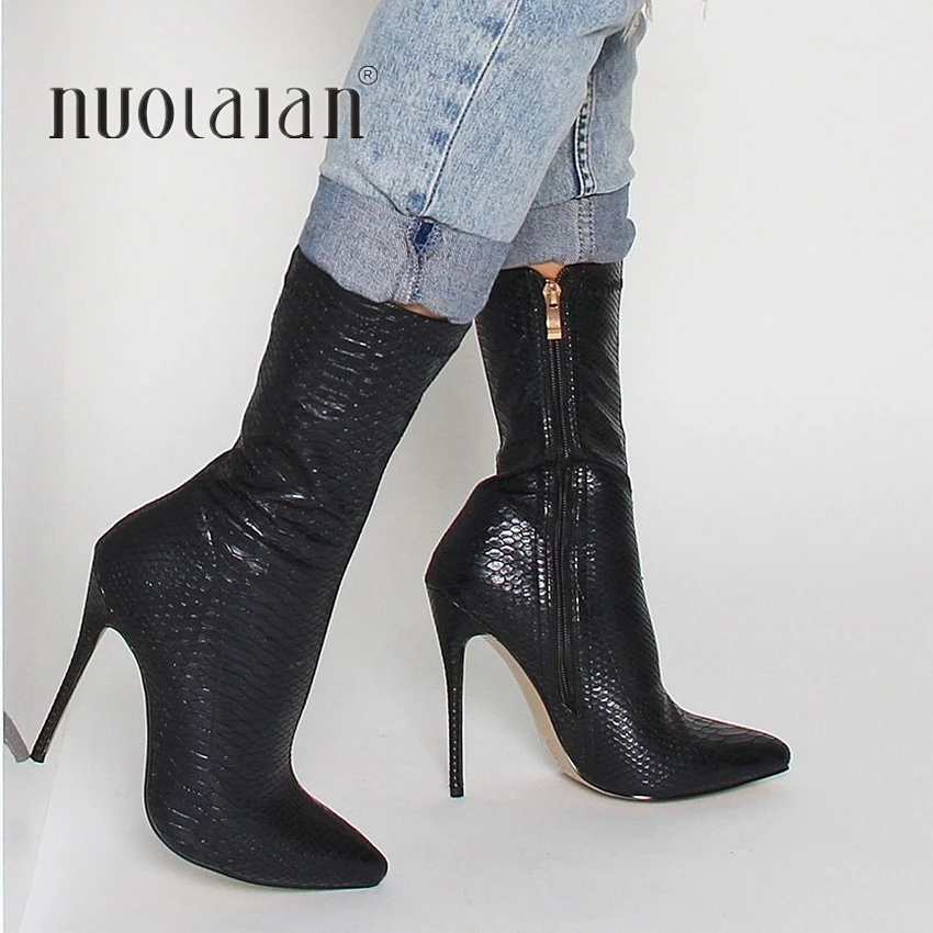 

Winter Fashion Women Boots Pointed Toe Snake Print Ankle Boots 10.5CM Heel High Heels Shoes Woman Autumn Female Socks Boots