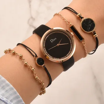 

Women's Bracelet Quartz Watches Women Leather Band Strap Watch Analog Wrist Bracelet Watch Set bayan kol saati montre femme 2020