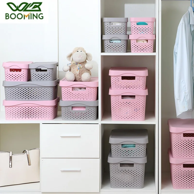 

WBBOOMING Plastic Home Storage Boxes Rectangle Storage Box With Lid Hollow Imitation Rattan Basket Kitchen Storage Organizer