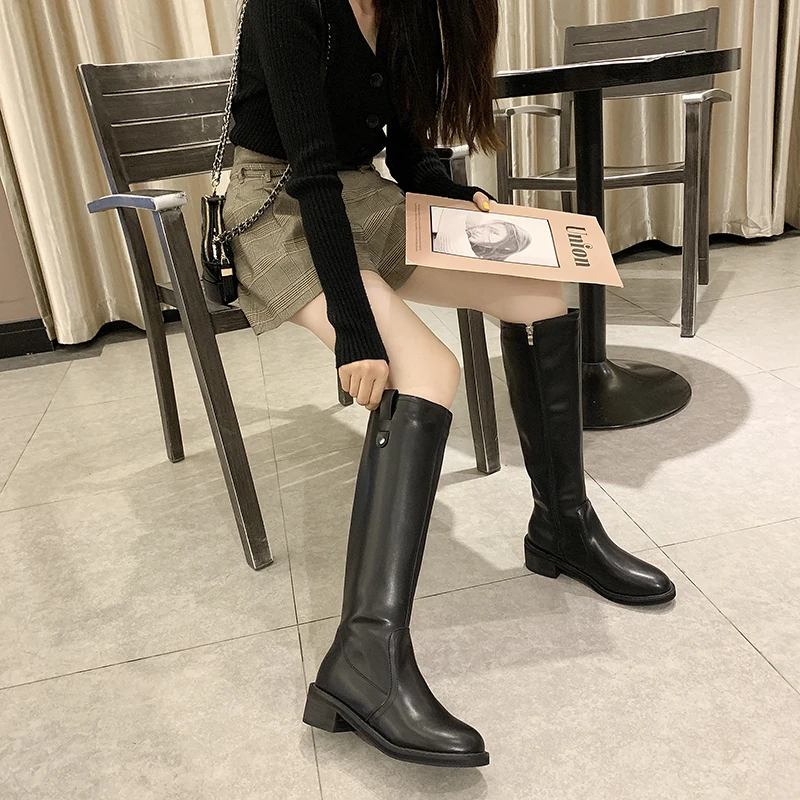 

2019 Winter New Cross-tied High Boots Plus Plush Keep Warm Black Patent Chunky Heel Riding Boots Thigh High Boots