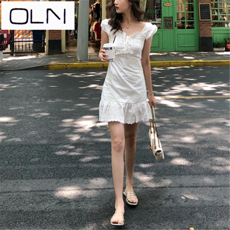Платье oln в Корейском стиле vestidos; Новое поступление; ; французское белое платье со словом; кружевное платье с поясом; сказочное платье