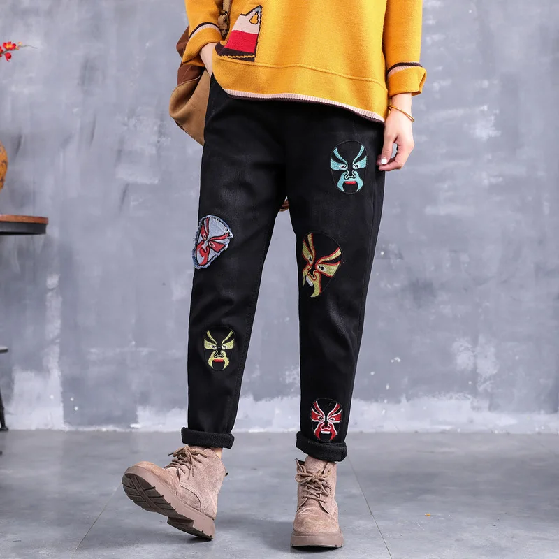 Японские Mori Girl эластичные джинсы до талии шаровары винтажные Facebook вышивка плюс бархат джинсовые ковбойские брюки женские