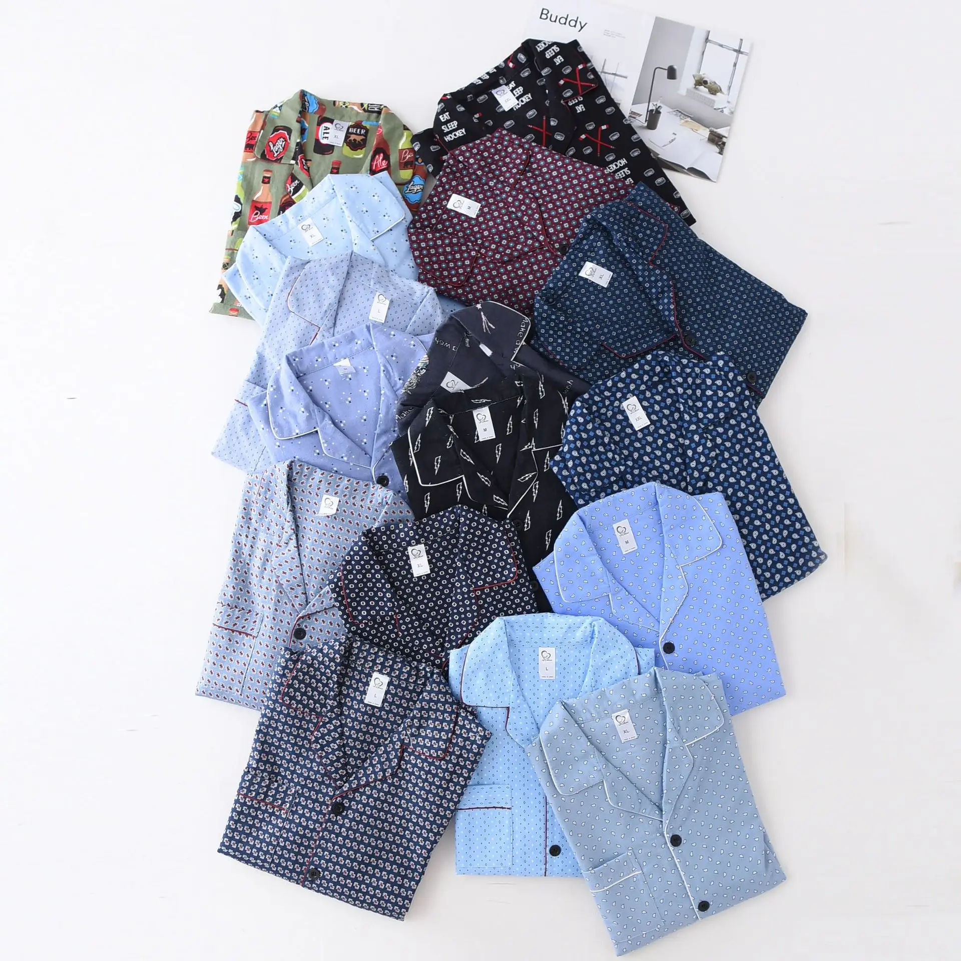 

Men's Pure Cotton Long Sleeve Pajamas Autumn and Winter Brushed Fabric Men Sleepwear Two Piece Set Printing Leisure Pajama Suits