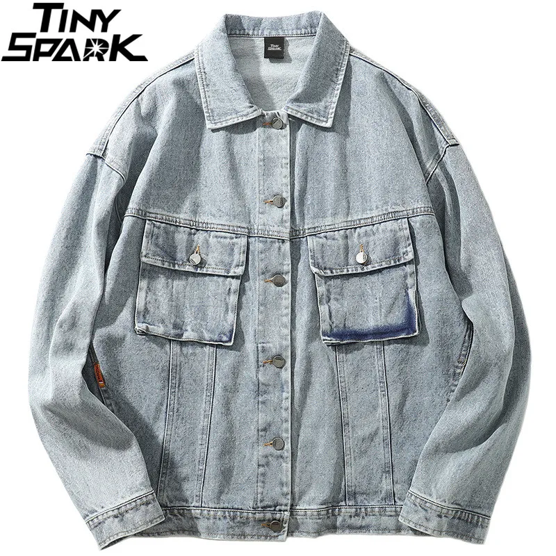Хип-хоп мужские джинсовые куртки Уличная карманы Повседневная хлопковая синяя джинсовая куртка мужская Harajuku свободная ковбойская
