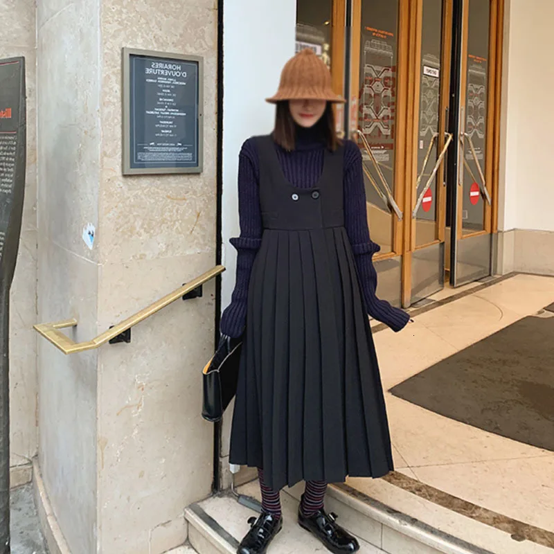 

[EWQ] 2020 Spring Autumn New Pattern Round Collar Sleeveless Black Patchwork Pullovers Vintage Dress Women AK11301L