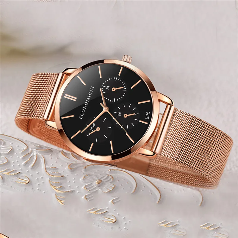 Женские кварцевые часы делового человека из розового золота с металлическим циферблатом, модные элегантные тонкие женские повседневные часы relojes para mujer