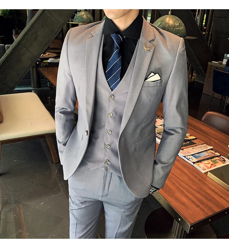 Сплошной цвет slim fit мужской костюм из 3 предметов свадебное платье мужской повседневный деловой пиджак Свадебный Выпускной костюм жениха одежда смокинг
