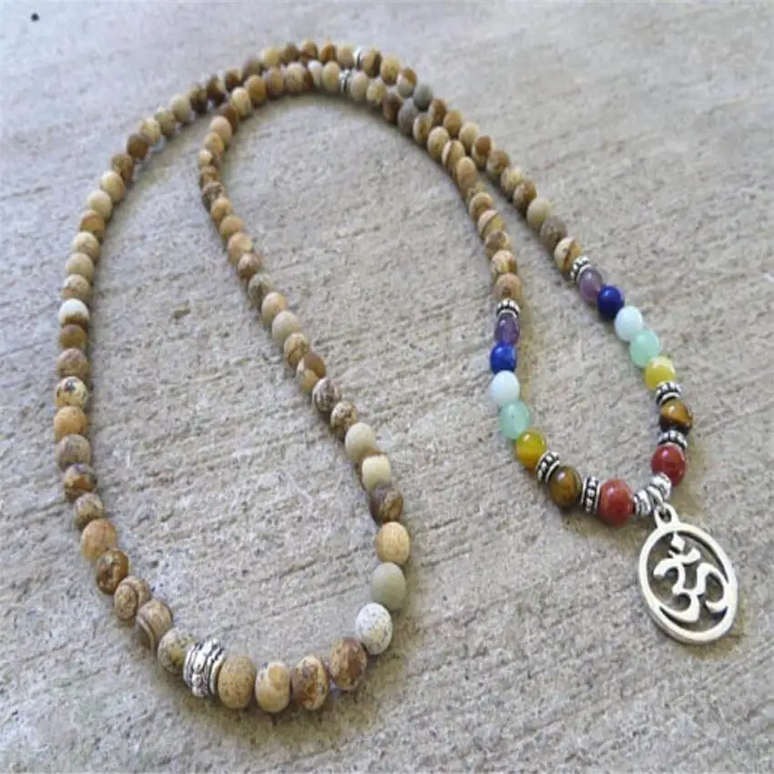 6mm Picture stone agate Mala Bracelet 108 Beads pendant Buddhist Unisex Gemstone cuff chain Handmade Tassel Lucky Prayer Men