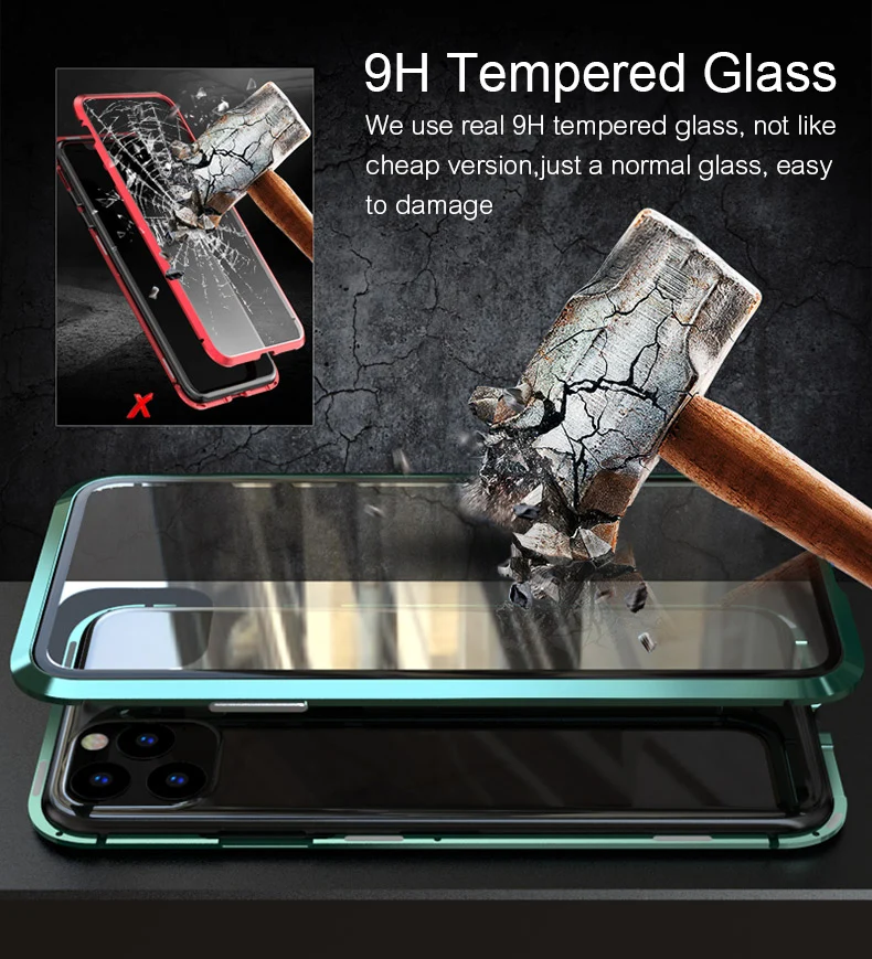 Роскошный двухсторонняя, для стекла Магнитный чехол на iPhone 11 Pro Max Алюминиевый металлический бампер магнит чехол 360 Защитный чехол с петлей