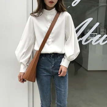 

2020 Harajuku Spring Autumn Women's Shirts Chic Stand Collar Lantern Sleeve Blouse Korean Office Ladies Loose Tops White Blue