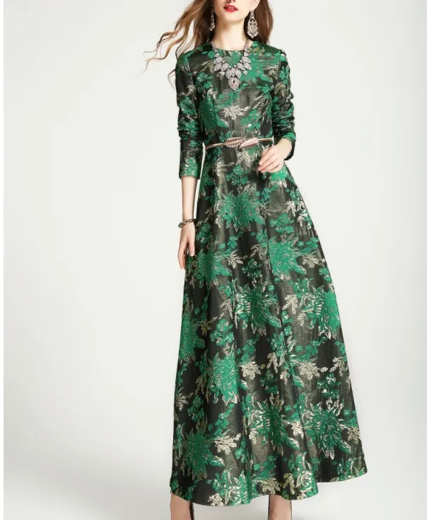 New Spring and Autumn Women's Green Floral Jacquard Long Sleeve Slim Maxi Long Dress Female Retro Long A-line Dresses - Цвет: not with belt