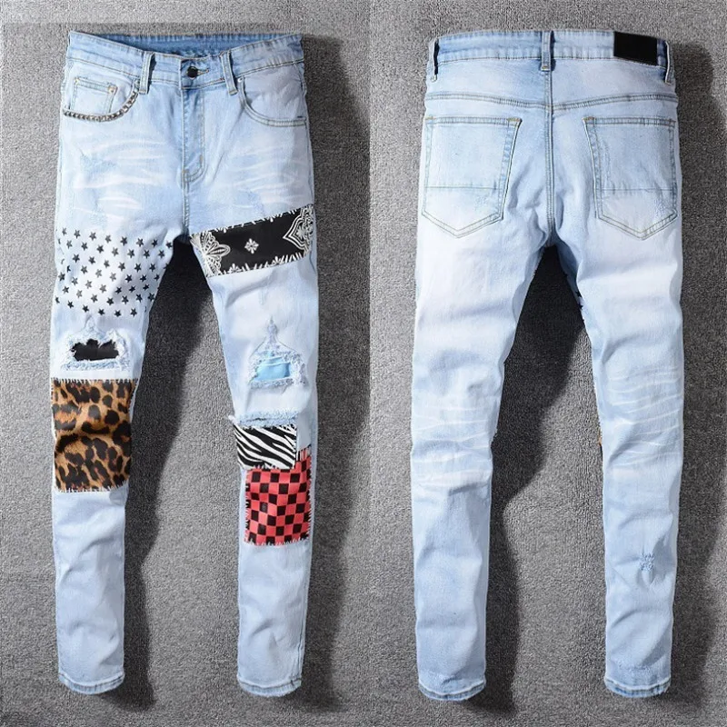 

Men Jeans Stretch Skinny Retro Pleated Dot Patchwork Casual Men Denim Jeans Hole Bleached Washed Straight Vintage Male Jeans