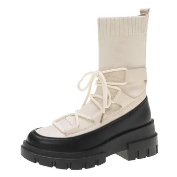 comprar Botas De Inverno Mulheres De Malha Elástica Meia Botas Moda Mulher Estiramento Sexy Sapatos Tornozelo Rendas-up Salto Alto Plataforma Botas Goth Sapatos