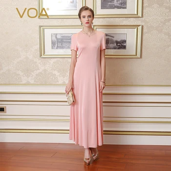 

VOA Heavy Silk Knitted Short Sleeve Slim Simple Casual Solid Ladies Long Dress Plus Size Smooth Soft Women Dresses Autumn A7026