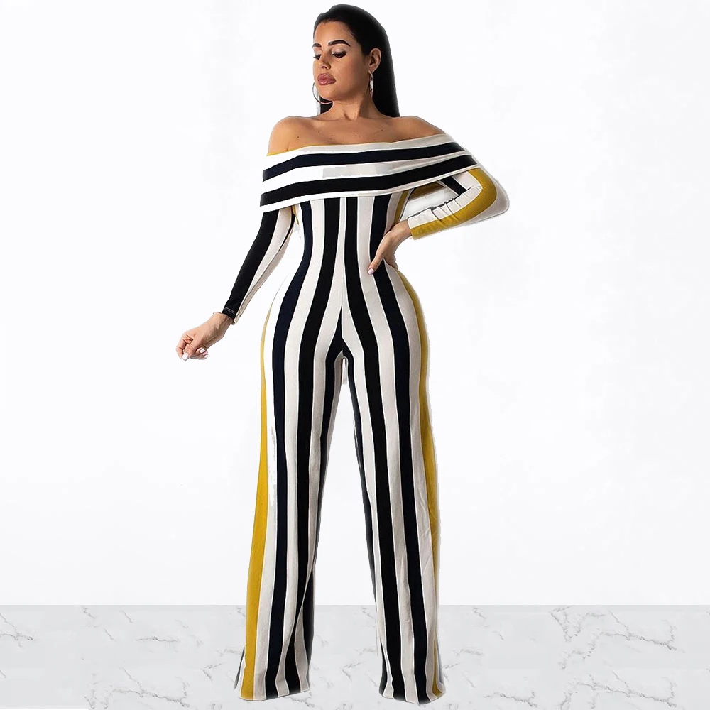 striped off the shoulder jumpsuit
