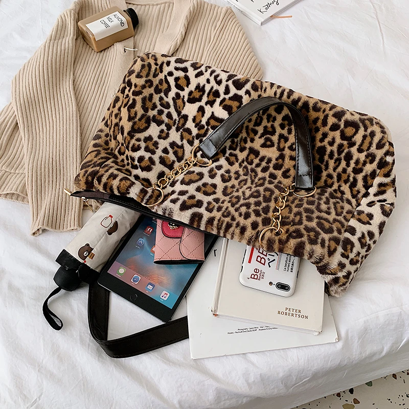 winter tote casual large handbags leopard plush wool lady top-handle bags large capacity satchel women shoulder bag