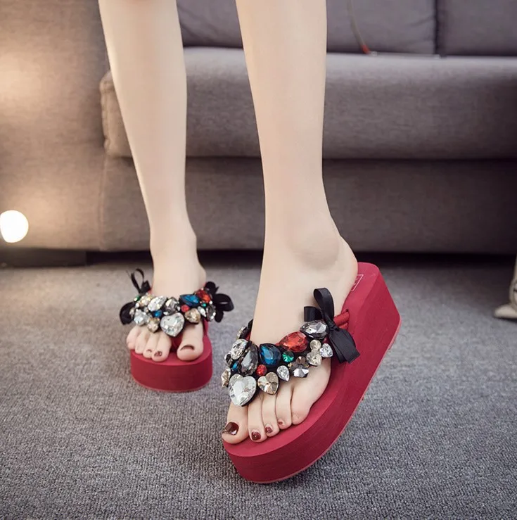 2019 Summer New Luxury Crystal Slippers Bow Womens Cheap Black Platform High Heels Comfortable Flip Flops Shoes Discount8