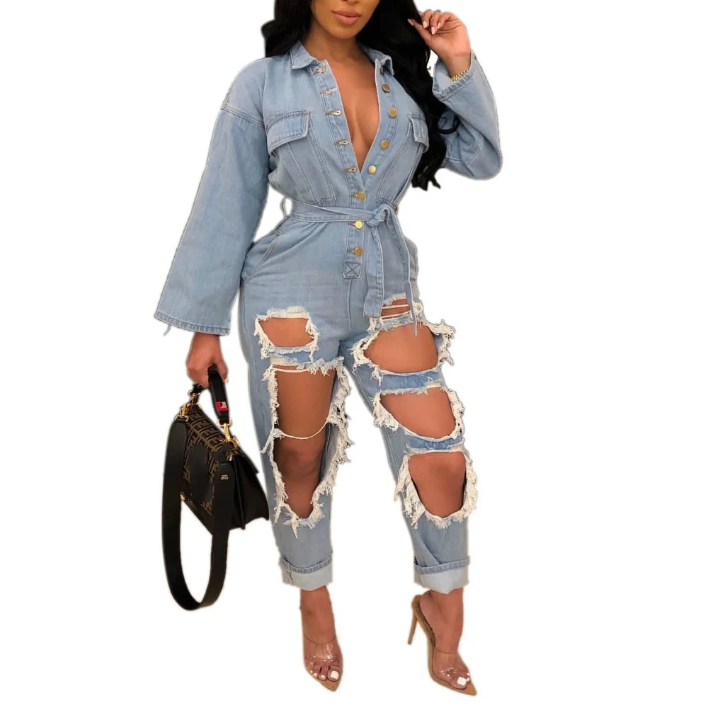 Женский модный стильный длинный сексуальный джинсовый цельный комбинезон на кнопках с рваными отверстиями, Комбинезоны для женщин с поясом S-2XL