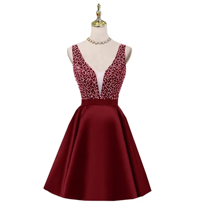 dark red Блестящие хрустальные бисерные Короткие коктейльные платья платье для выпускного бала с двойным v-образным вырезом сексуальные блестящие мини платья для выпускного бала Abiye Vestidos - Цвет: dark red