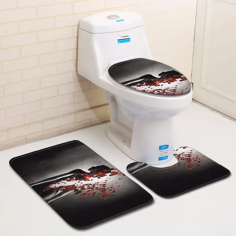 Zeegle 3D Pattern 3pcs Bathroom Mat Set Anti Slip Toilet Floor Rugs Toilet Lid Cover Flannel Bath Mat Set Bathroom Carpets Set