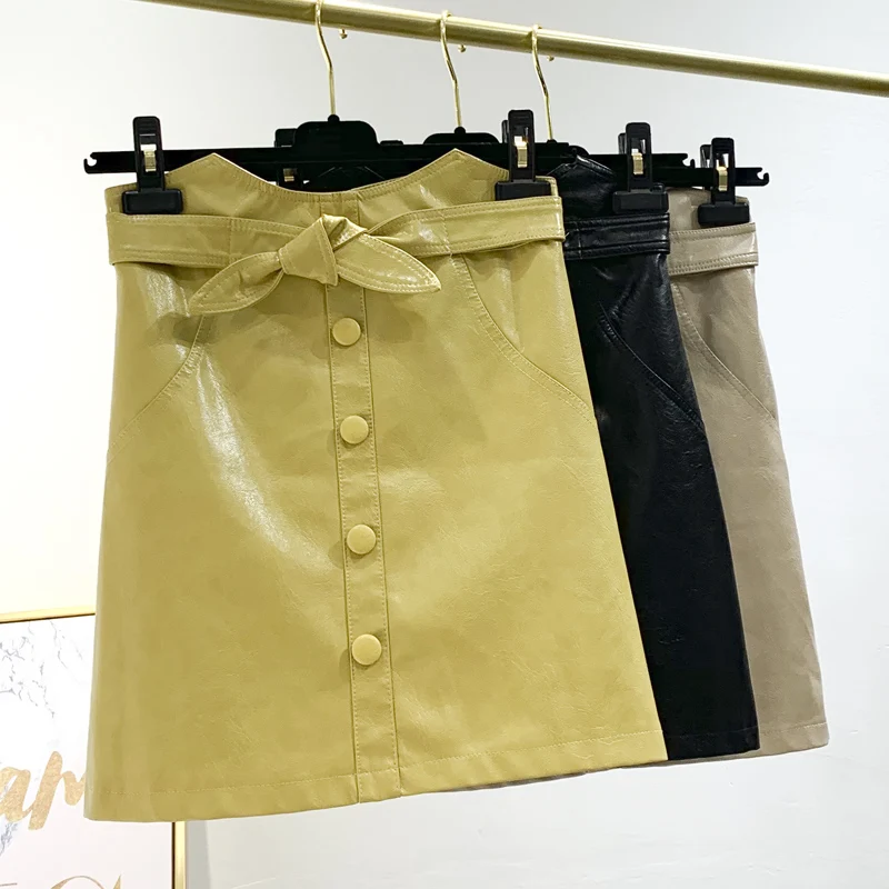 Модная тонкая однотонная женская мини-юбка из искусственной кожи на осень и зиму, облегающая женская повседневная облегающая юбка с высокой талией, Клубные юбки с завязками Falda