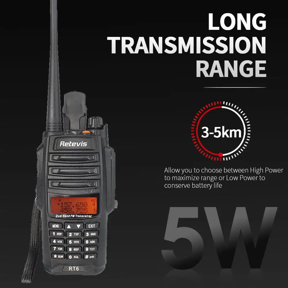 Рация Retevis RT6 водонепроницаемая IP67 5/3/1 Вт VHF + UHF136 174 400 520 МГц Любительский