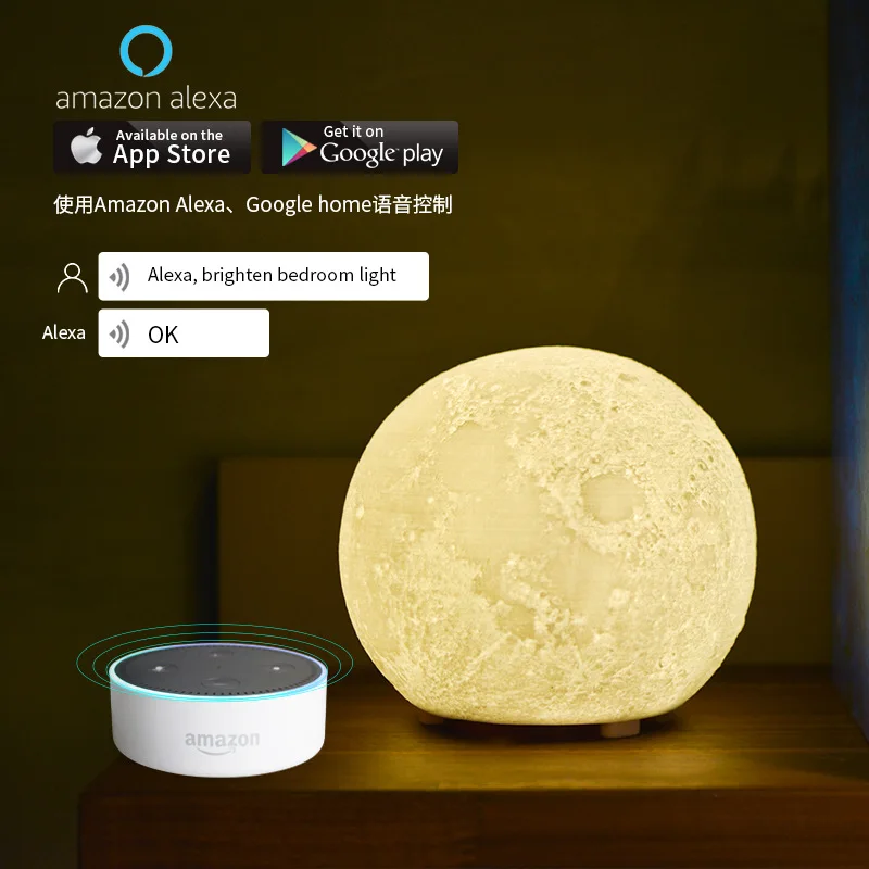 WiFi Smart Moon Light Настольная лампа работает с Alexa Google Home голосовой кран регулировки сенсорные светодиоды детская спальня спальный ночник