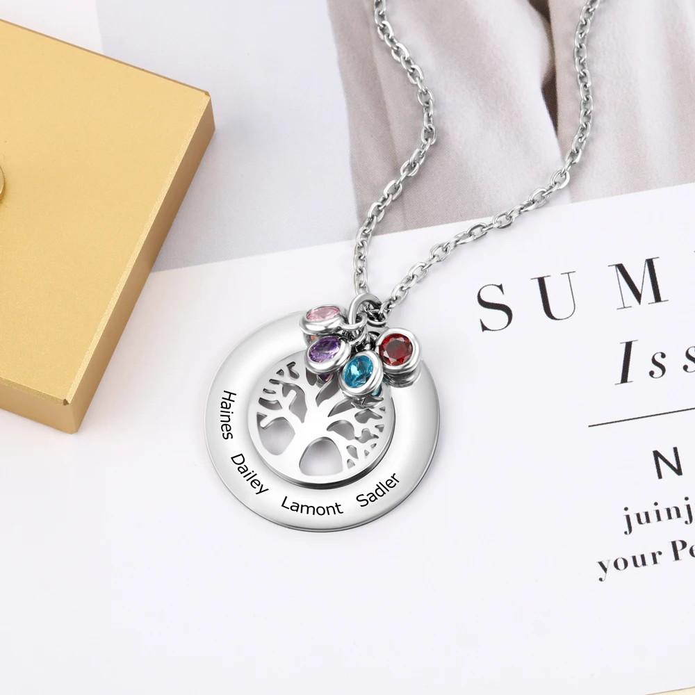 Personalized Heart Pendant Necklace for Women Girl with 4 Simulated Birthstone 4 Names Engraved Grandma Jewelry Family Birthday Gifts for Women