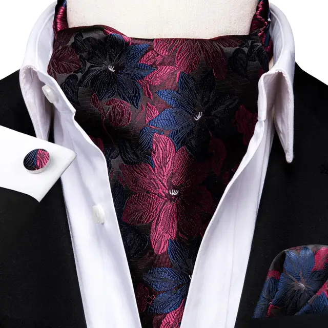 Hi-Tie Silk Men's Ascot Tie Pocket Square Cufflinks Set Cravat Ascots Scrunch Self British Style Gentleman Dress Scarves Party AS-1055