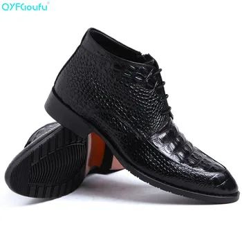 

QYFCIOUFU 2019 Fashion Mens Alligator Skin Boots Genuine Cow Leather Lace Up Ankle Flat Boot Shoes Quality Casual Dress Boot