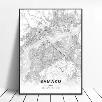 

Black and White Bamako Mali Latitude Longitude Canvas Art Map Poster