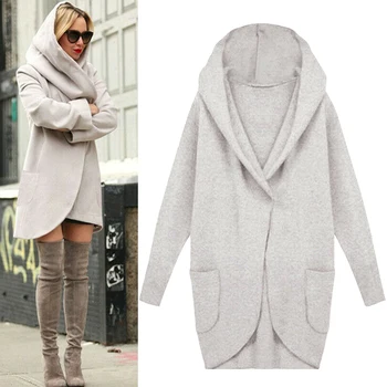 

Pullover Warm Artificial Wool Outwear With Pockets Long Soft Loose Casual Autumn Winter Hooded Elegant Solid Women Coat