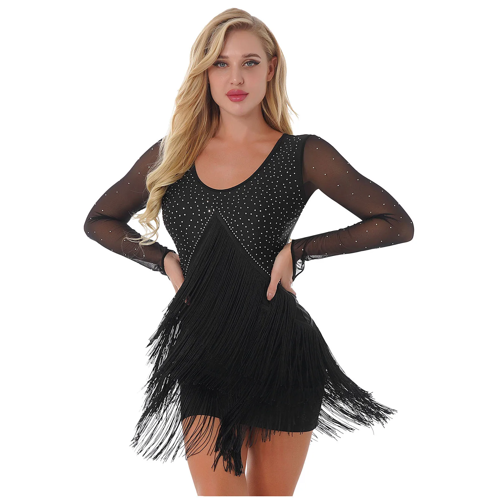 Womens Sparkly Rhinestone Fringed Dress Ballroom Latin Dancing Costume