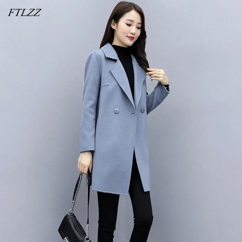 

FTLZZ Elegant Women Wool Blend Warm Long Coat Plus Size Female Slim Fit Lapel Woolen Overcoat Autumn Cashmere Outerwear