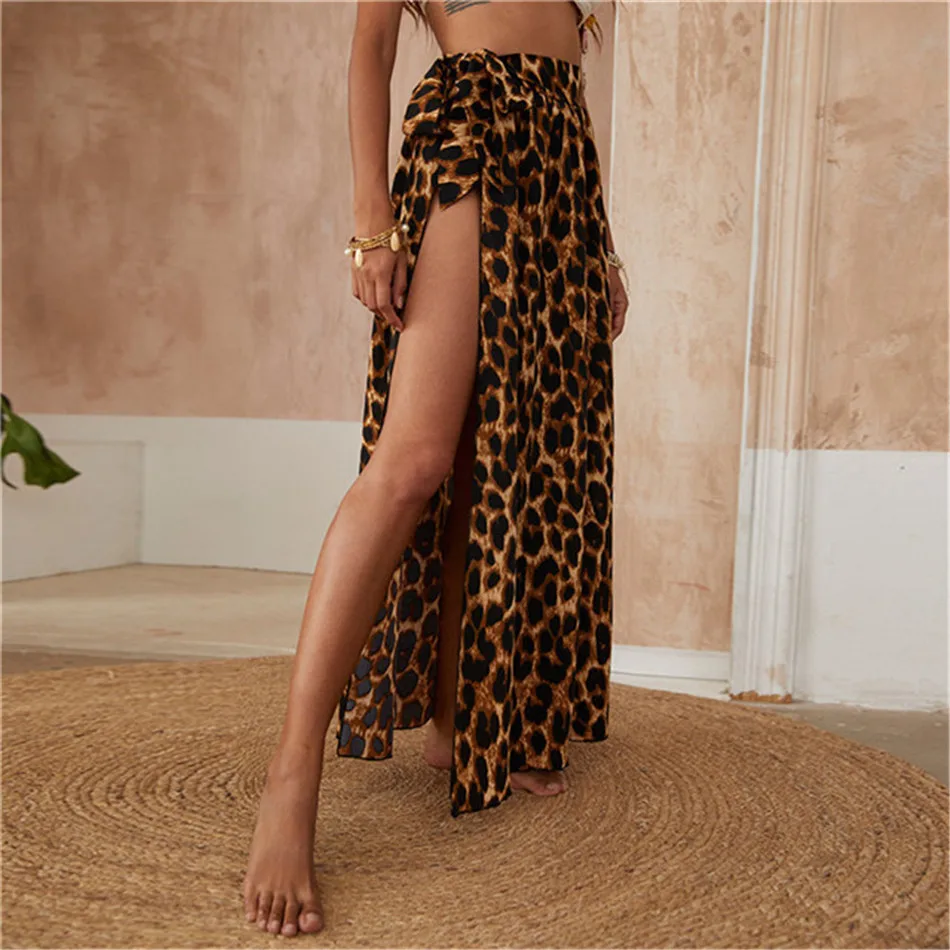 CHYAOWU Summer Bohemian Sexy Leopard-Printed Beach Outing Leisure Vacation Split Long Skirts Women Beach Wimsuit Beach Cover Up